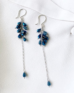 Blue Teardrop Crystal Cluster Long Drop Earrings