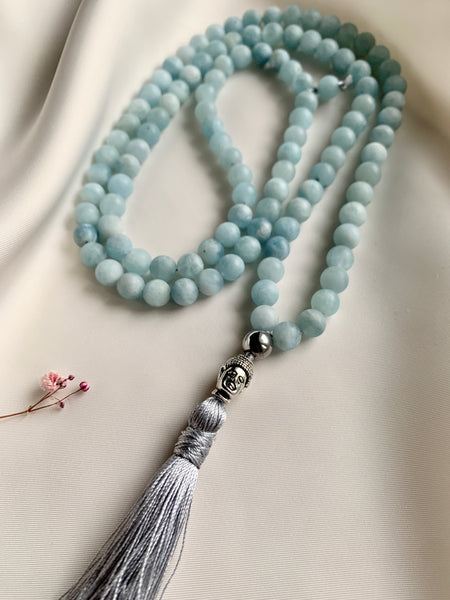 Aquamarine Mala with Buddha Pendant Tassel