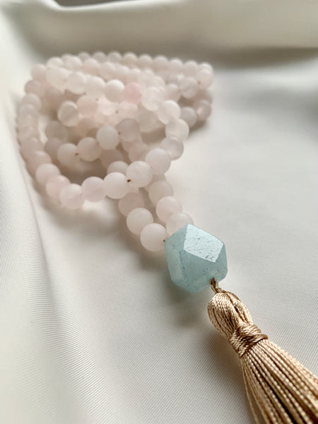Rose Quartz Mala with Aquamarine Pendant Tassel