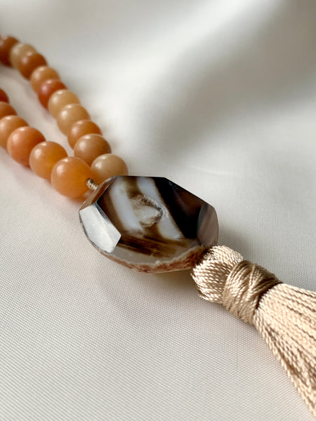 Orange Quartz Mala with Agate Pendant Tassel