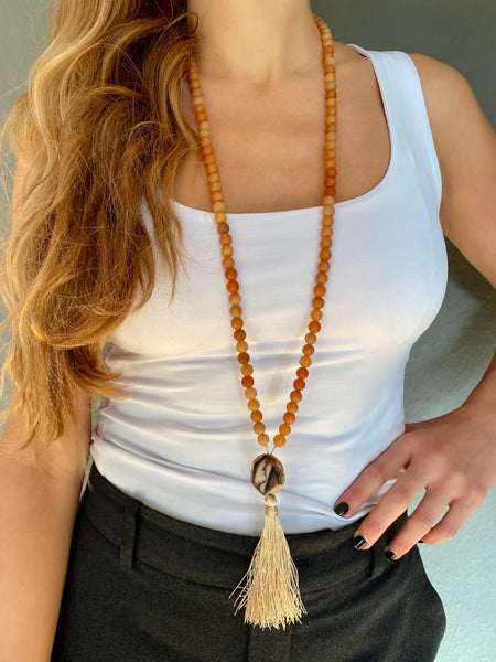Orange Quartz Mala with Agate Pendant Tassel