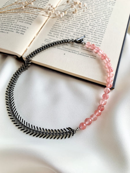 Asymmetric Pink Quartz Fishbone Chain Necklace