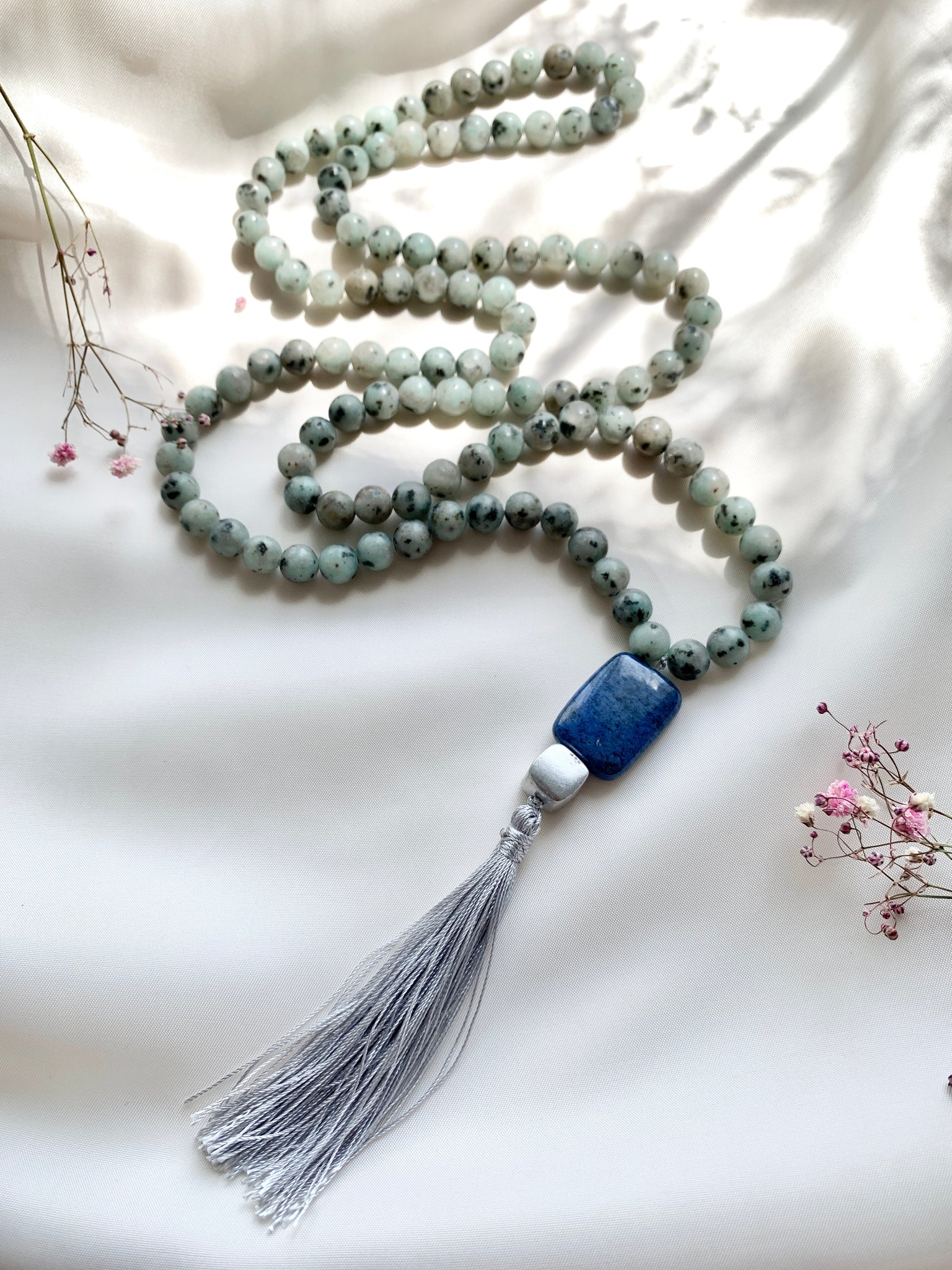 White Labradorite Mala with Dumortierite Pendant Tassel